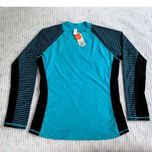 Charmo Rash Guard Women 2XL Blue NWT Swim UPF 50+ Long Sleeve Striped Sporty